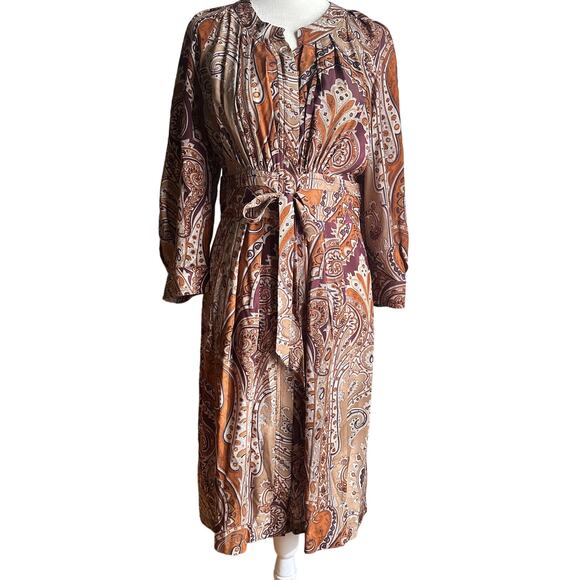 PLENTY by Tracy Reese | Boho Silk Brown Paisley Midi Dress | Size Extra Small - Picture 1 of 10